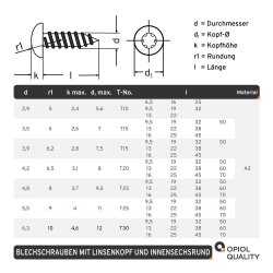 10 Stück Linsenkopf-Blechschrauben mit Innensechsrund ISO 14585 C 3,5X13 TX15 Edelstahl A2